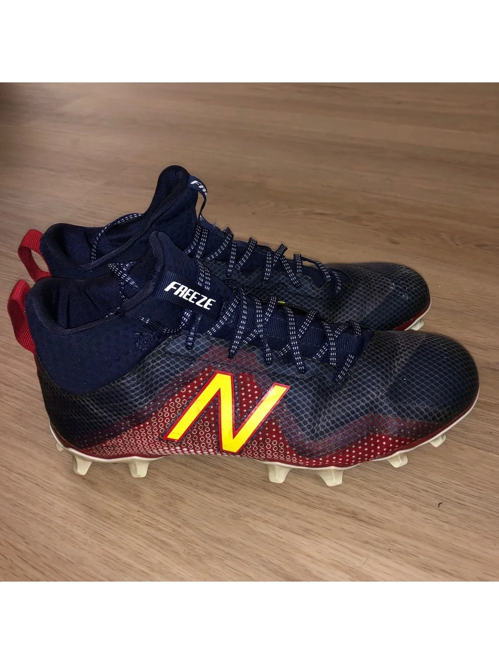 NEW BALANCE MID FREEZE LAX LACROSSE CLEATS SUPERMAN BLUE RED YELLOW MENS SIZE 9